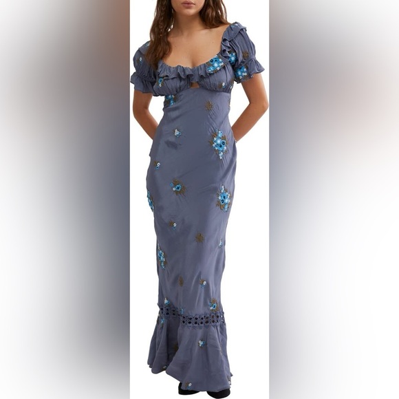 Free People Dresses & Skirts - Free People Bali Santa Cruz Ruffle Floral Embroidery Blue Maxi Dress Medium NWT